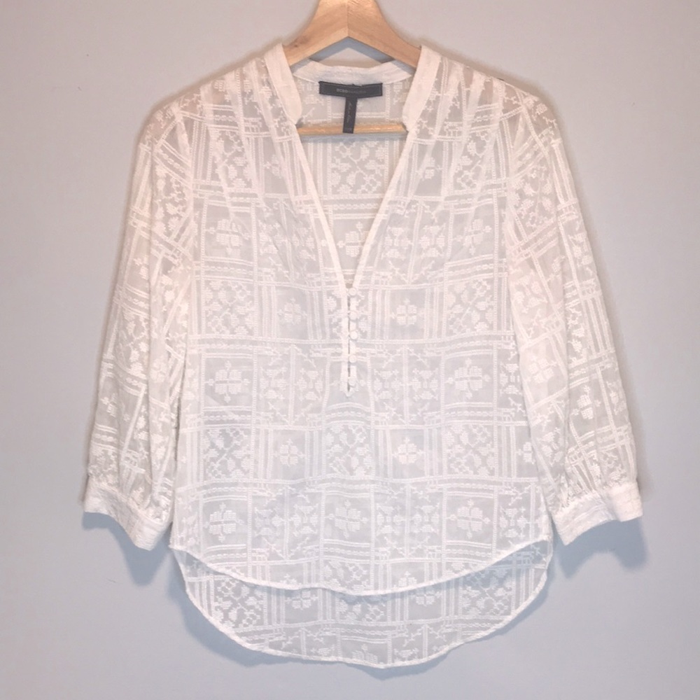 BCBG MaxAzria Sheer 3/4 Blouse Aztec Embroidery Top